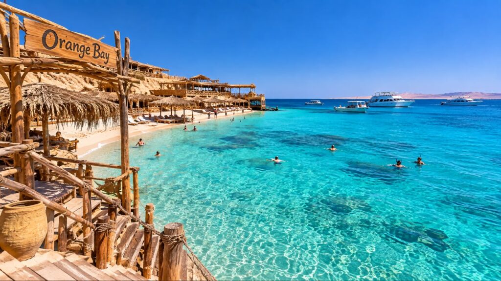 Orange Bay Hurghada with turquoise Red Sea water, sandy beach and boats
